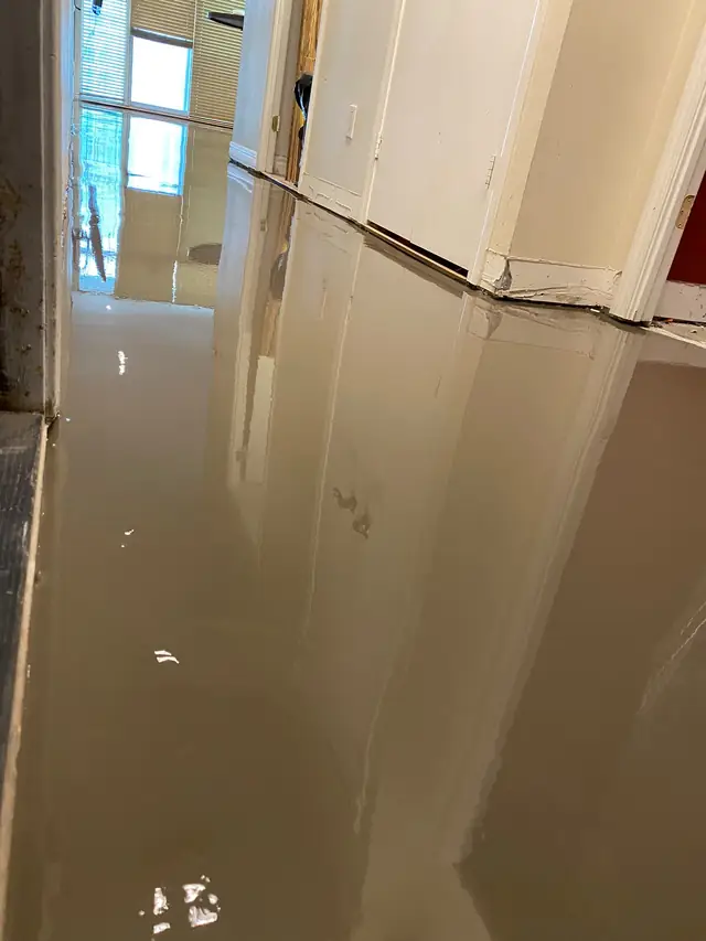Self-leveling concrete floor in a residential hallway running flush to the walls