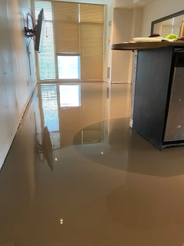 Self-leveling concrete across a condo living room and kitchen area beside a kitchen island